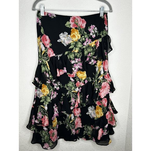 Chaps Skirt Womens Large Black Floral Ruffle Layered Midi Boho Dark Floral Fairy - Picture 2 of 7